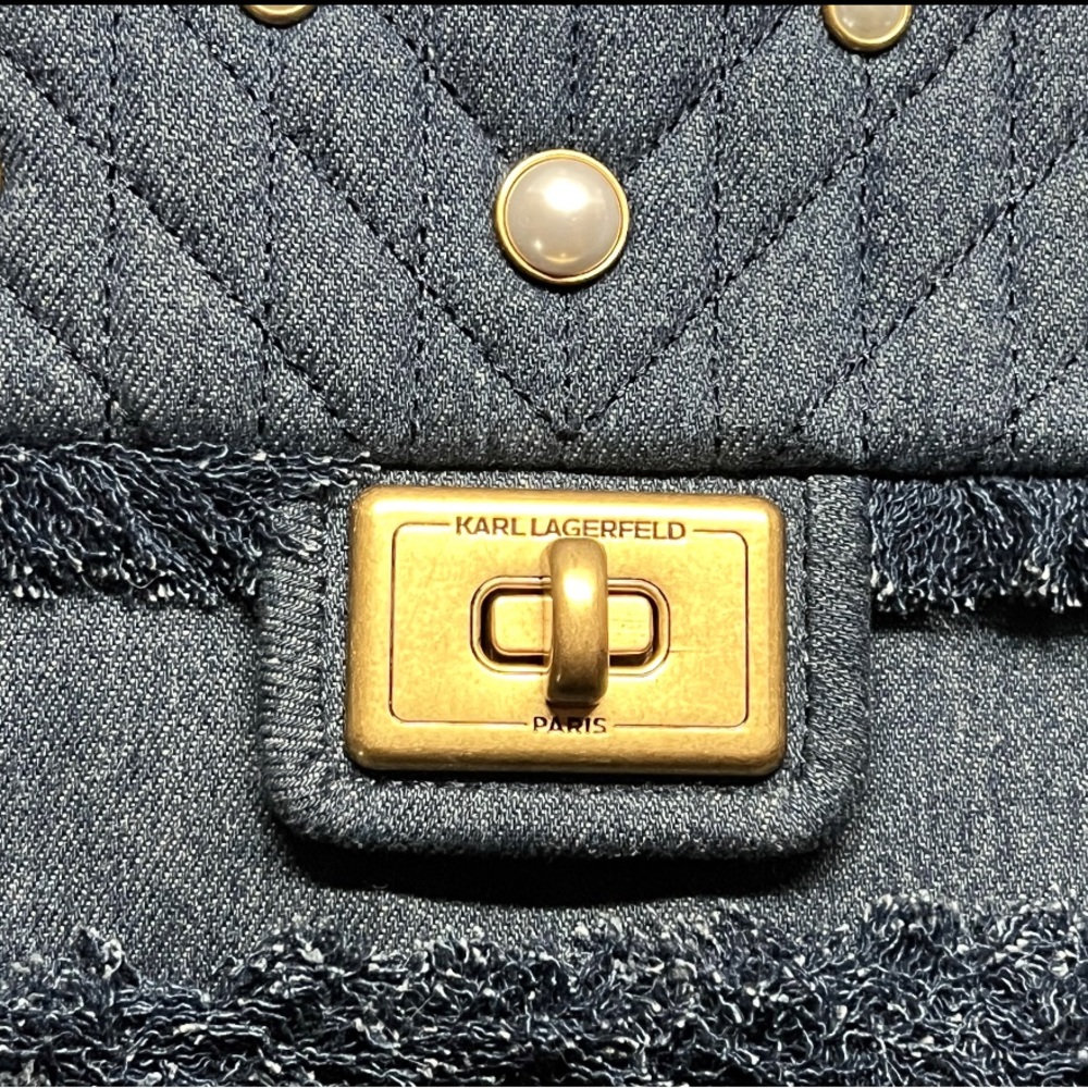 Karl Lagerfeld Paris Agyness Denim Shoulder Bag Pearl. - Picture 3 of 8